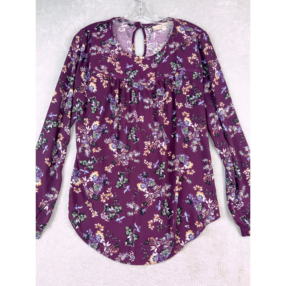 LOFT Women's Purple Floral Long Sleeve Keyhole Blouse Top Size Small NWOT - Picture 1 of 4